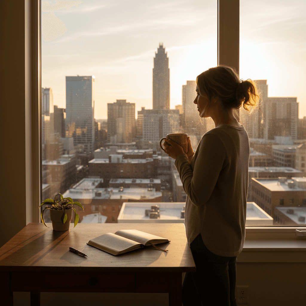 Woman reflecting at window with morning light