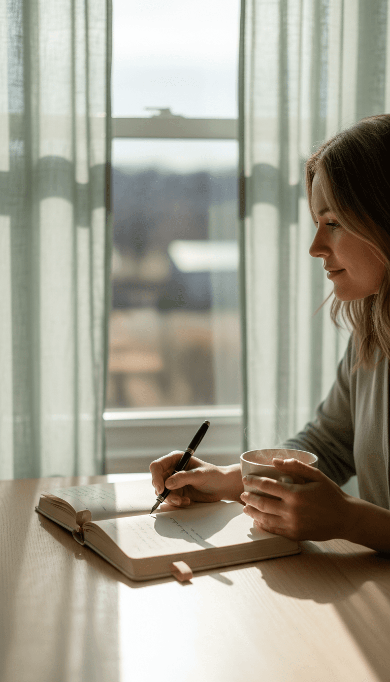 Woman journaling by window in calm reflective moment