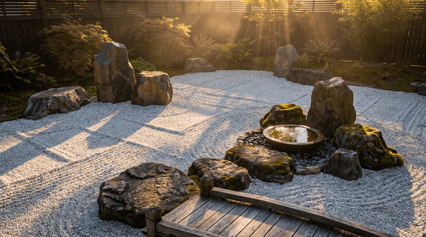 Golden hour view of minimalist Japanese rock garden with boulders, gravel, and water feature